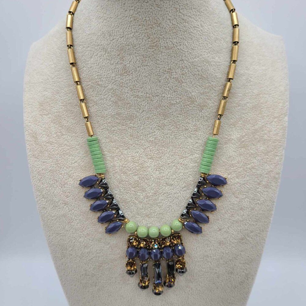 J Crew Bohemian Gold Tone Blue & Amber Crystal Neckalce